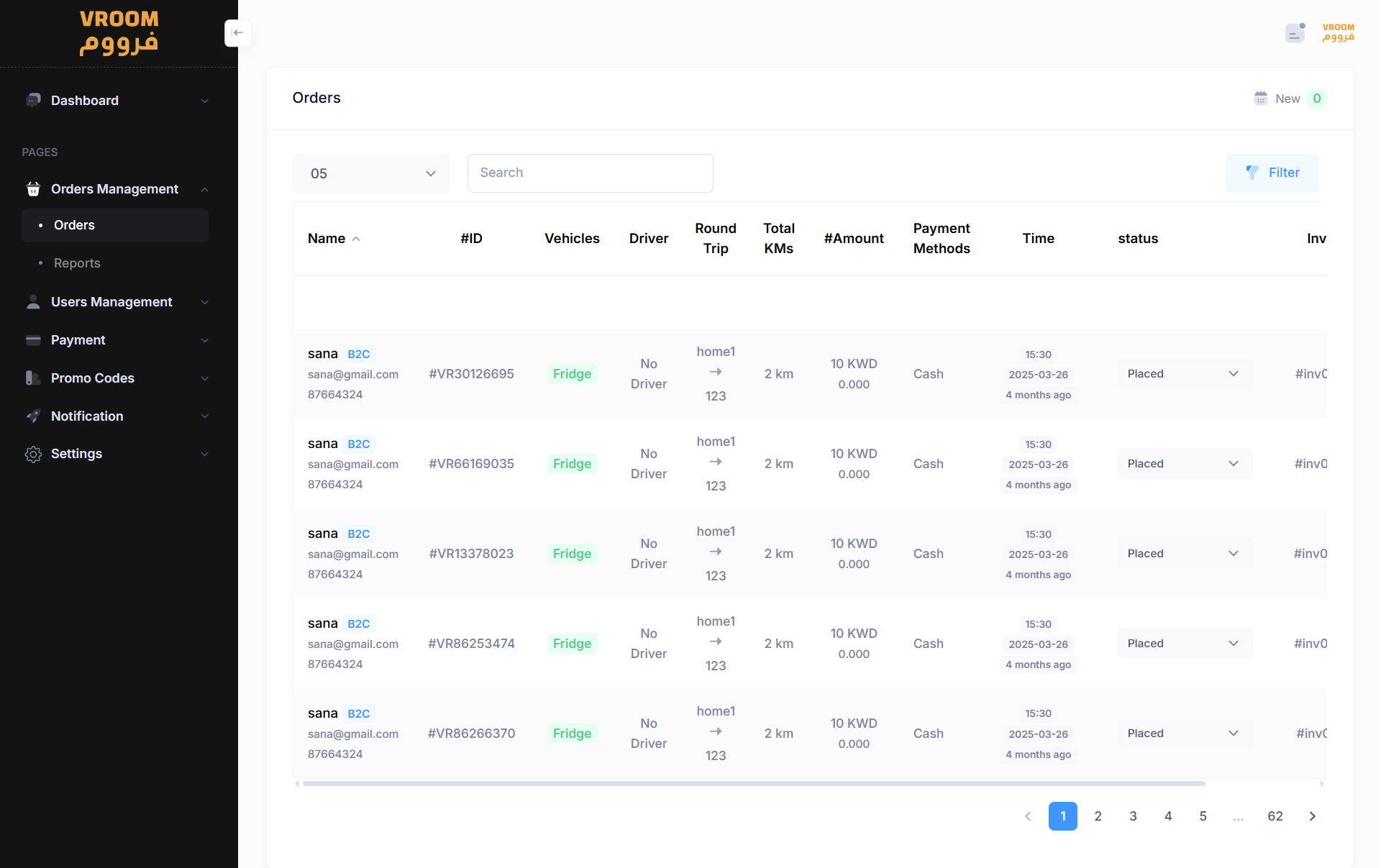 Orders management list and filters