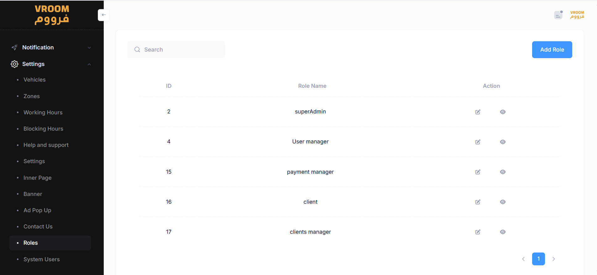 Roles and permissions list (superAdmin, managers, client)