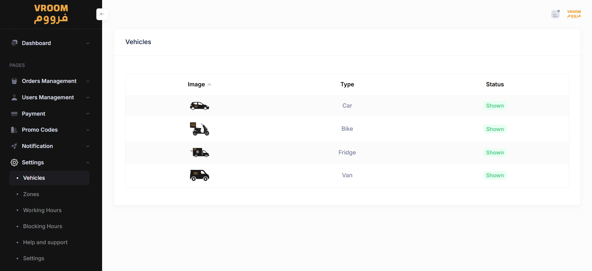 Vehicles management (Car, Bike, Fridge, Van) with status